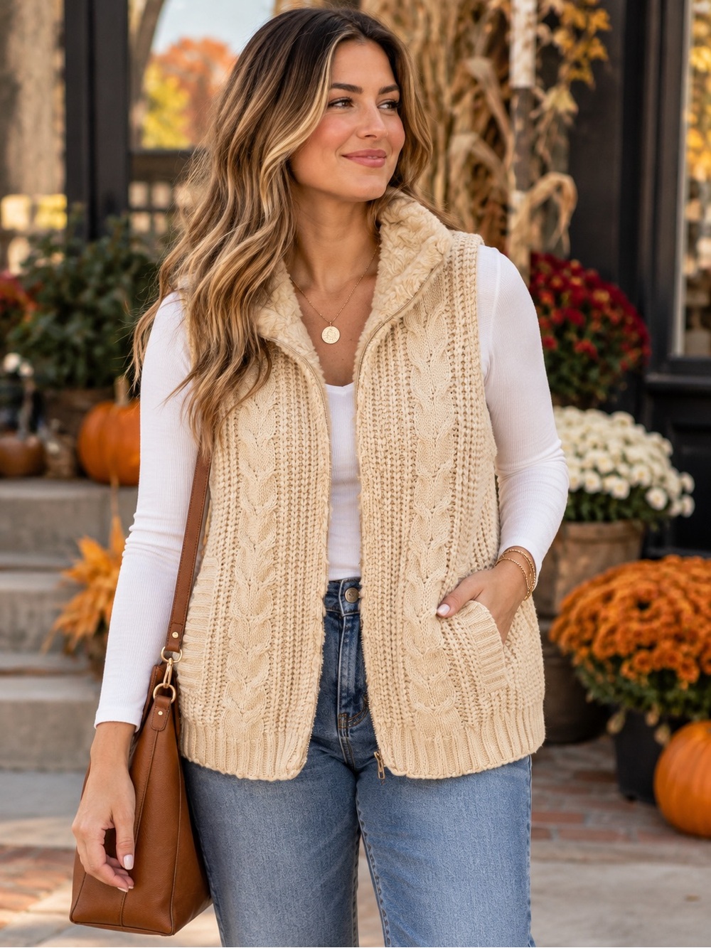 Aqua Reversible Faux Fur Cable Knit Sweater Vest Ivory Cream XS Funnel Neck